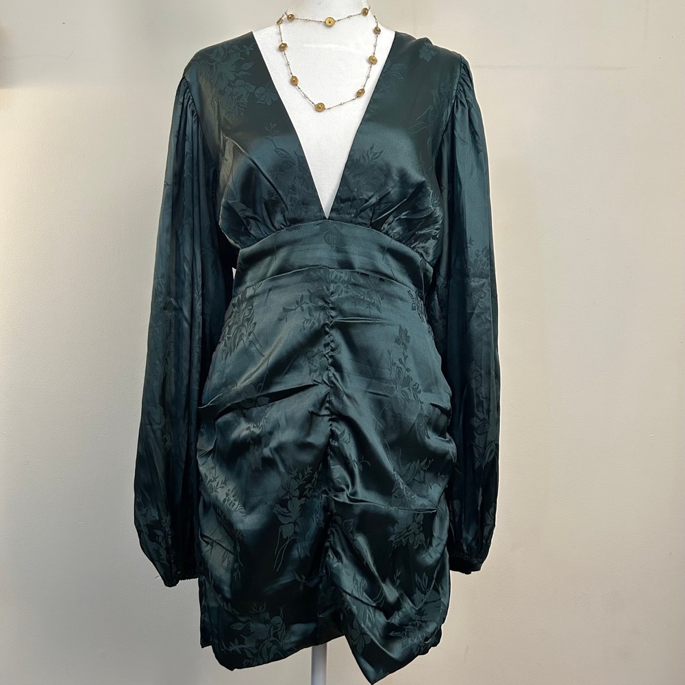 Showpo Ruched Floral Jacquard Mini Dress Green Satin Glam US 10‎